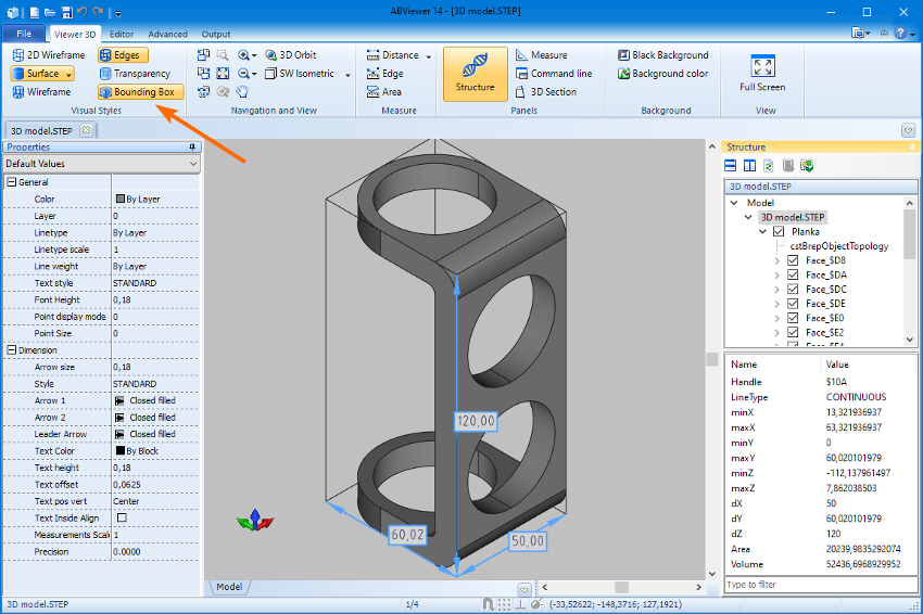 Bounding box of the 3D model